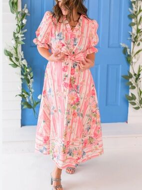 New Pink Floral Stripe Puff Sleeve Collared Bow Maxi Dress